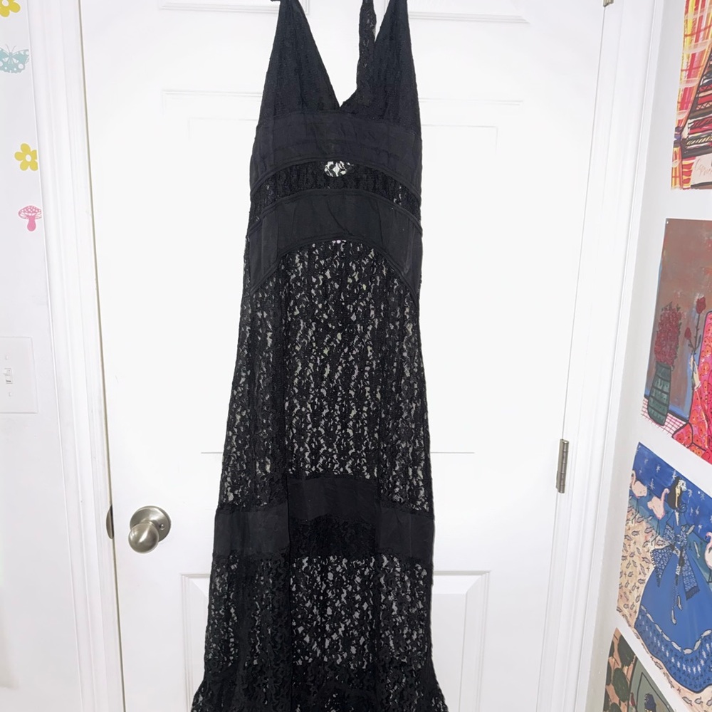 Miss Me Black Lace Backless Halter Maxi Dress